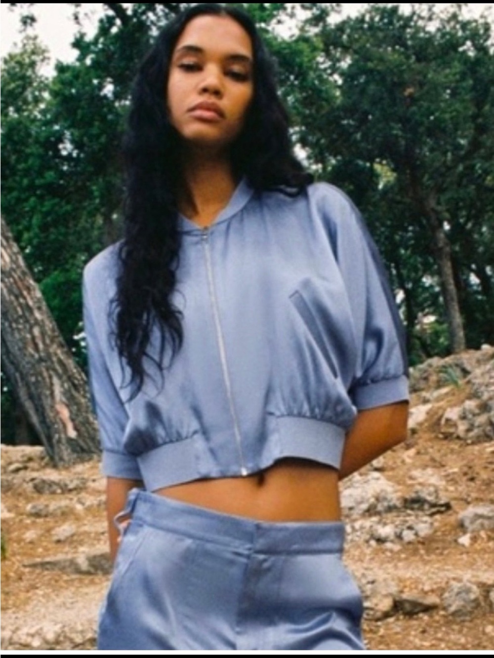 Zara Satin Effect Blue Cropped Bomber